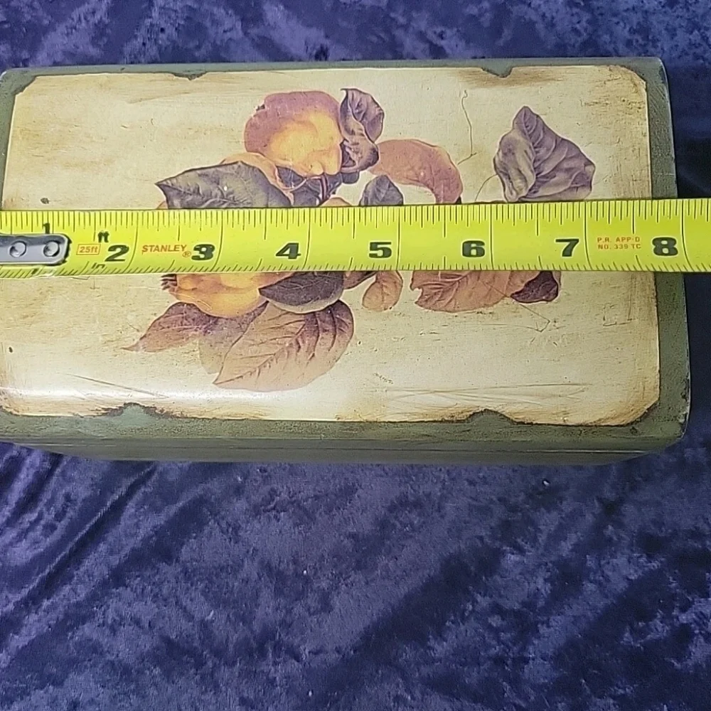Wooden Lidded Trinket Jewelry Keepsake Box Green Stain, Decoupage Floral Top